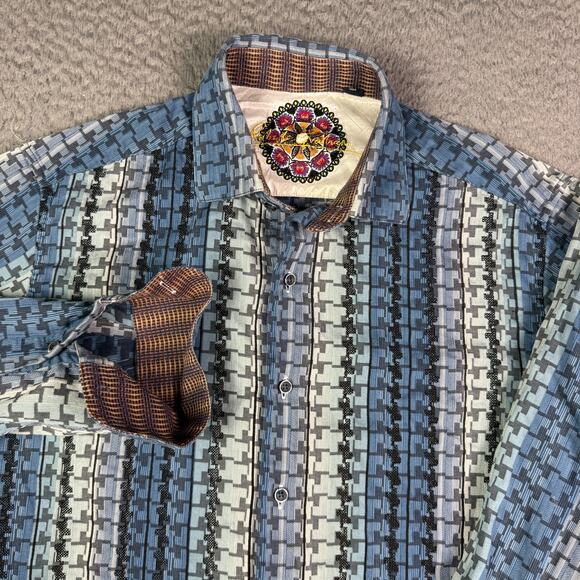 Robert Graham Shirt Mens S Blue Geometric Textured Flip Cuff Long Sleeve Silk - Picture 1 of 8